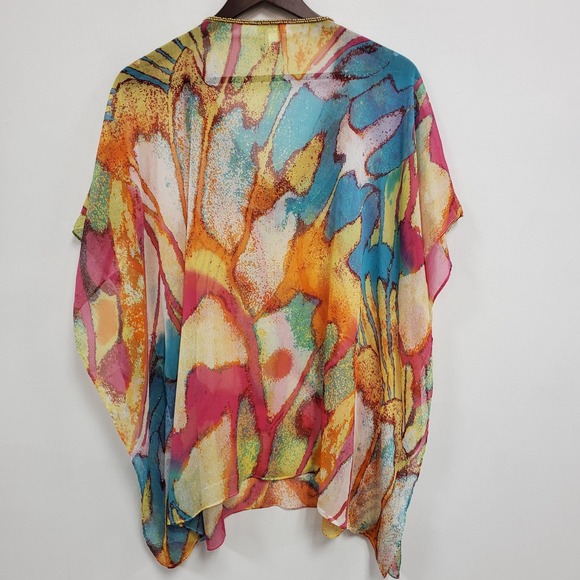 Chicos Womens Multicolor Sheer Beaded Kimono Top Size S/M Artsy Eclectic Flowy - Picture 3 of 9